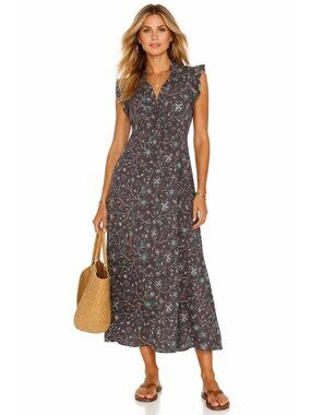 Xirena April Dress Graphite Mint Cotton Silk Floral Ruffle Midi Maxi XS 3103